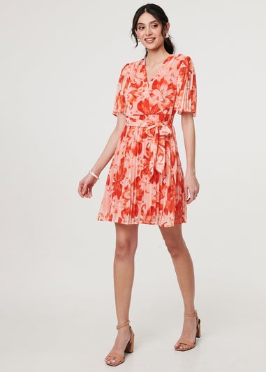 Izabel London Orange Floral Pleated Angel Sleeve Mini Dress