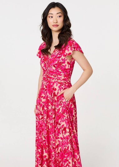 Izabel London Pink Floral Cap Sleeve Ruched Maxi Dress