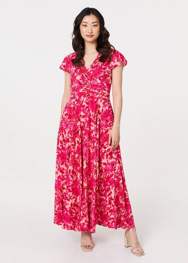 Izabel London Pink Floral Cap Sleeve Ruched Maxi Dress