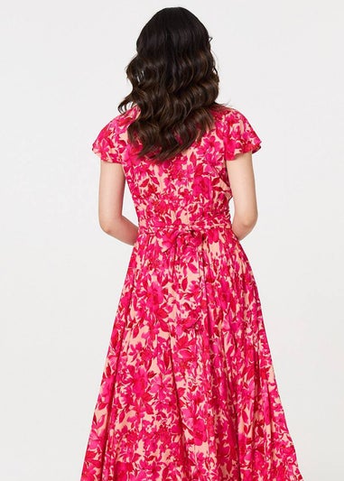 Izabel London Pink Floral Cap Sleeve Ruched Maxi Dress