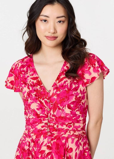 Izabel London Pink Floral Cap Sleeve Ruched Maxi Dress