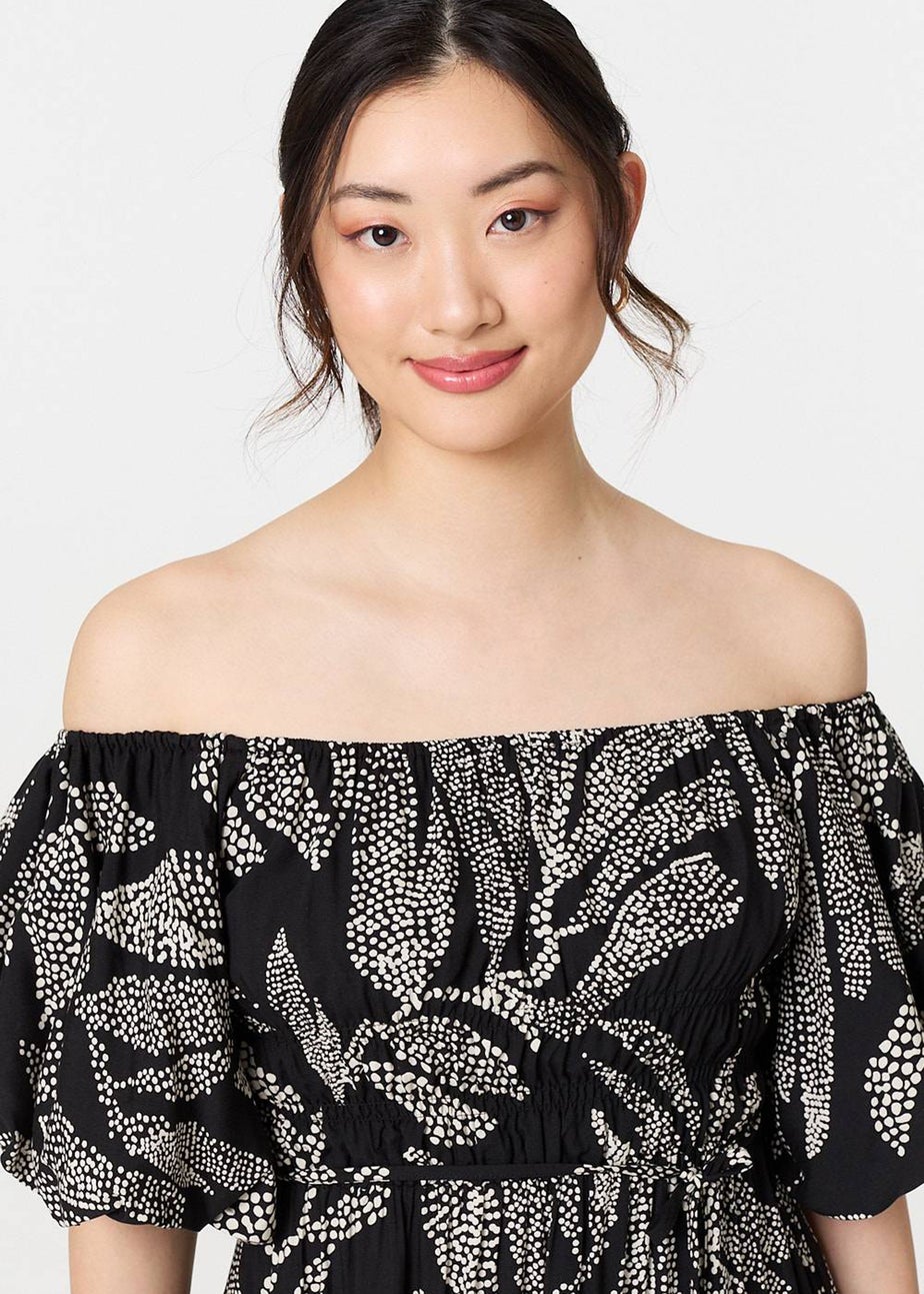 Izabel London Black Leaf Print Puff 1/2 Sleeve Midi Dress