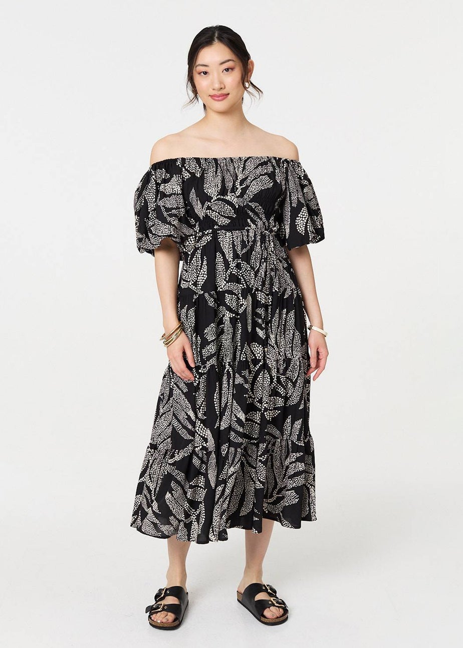 Izabel London Black Leaf Print Puff 1/2 Sleeve Midi Dress