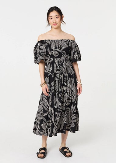 Izabel London Black Leaf Print Puff 1/2 Sleeve Midi Dress