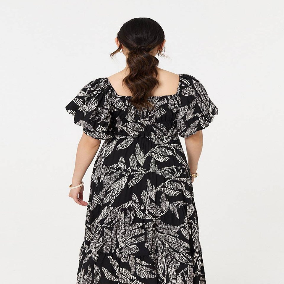 Izabel London Black Leaf Print Puff 1/2 Sleeve Midi Dress