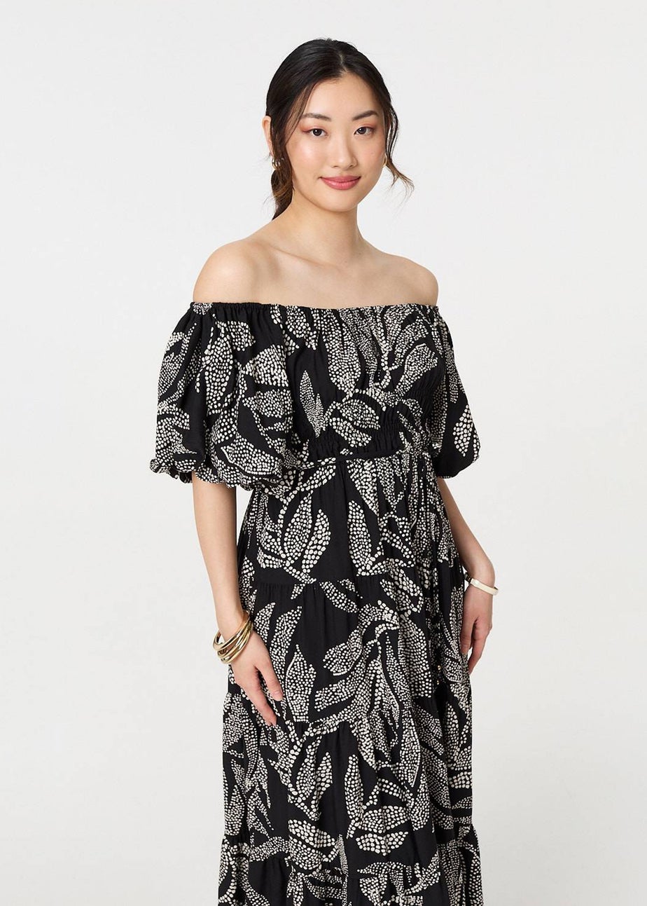 Izabel London Black Leaf Print Puff 1/2 Sleeve Midi Dress