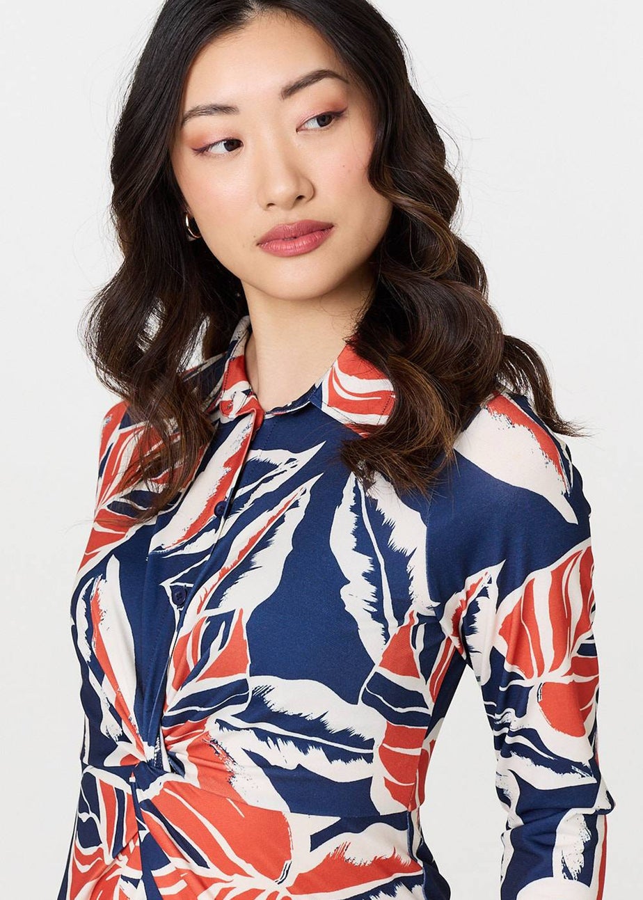 Izabel London Navy Floral 3/4 Sleeve Midi Shirt Dress