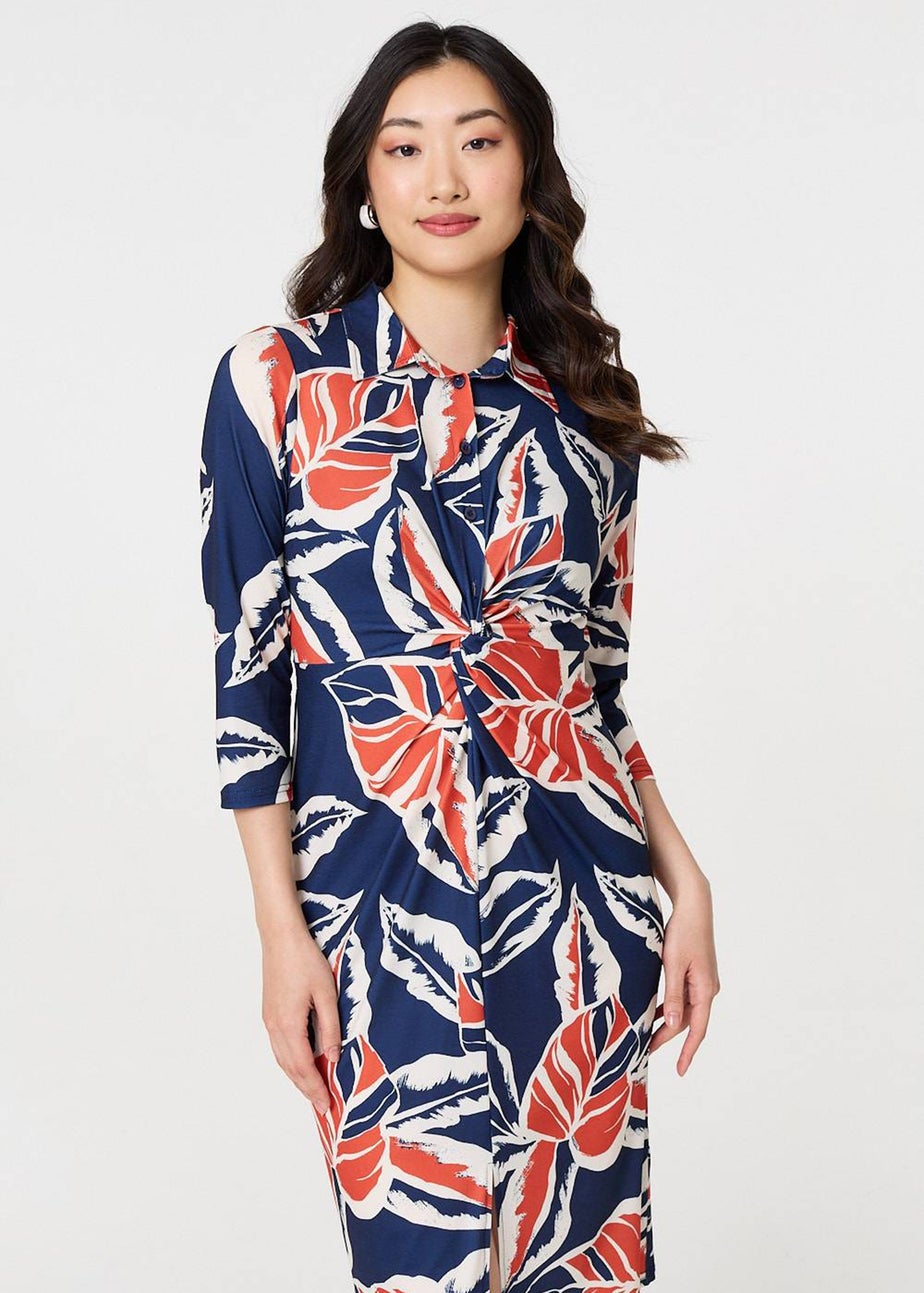 Izabel London Navy Floral 3/4 Sleeve Midi Shirt Dress