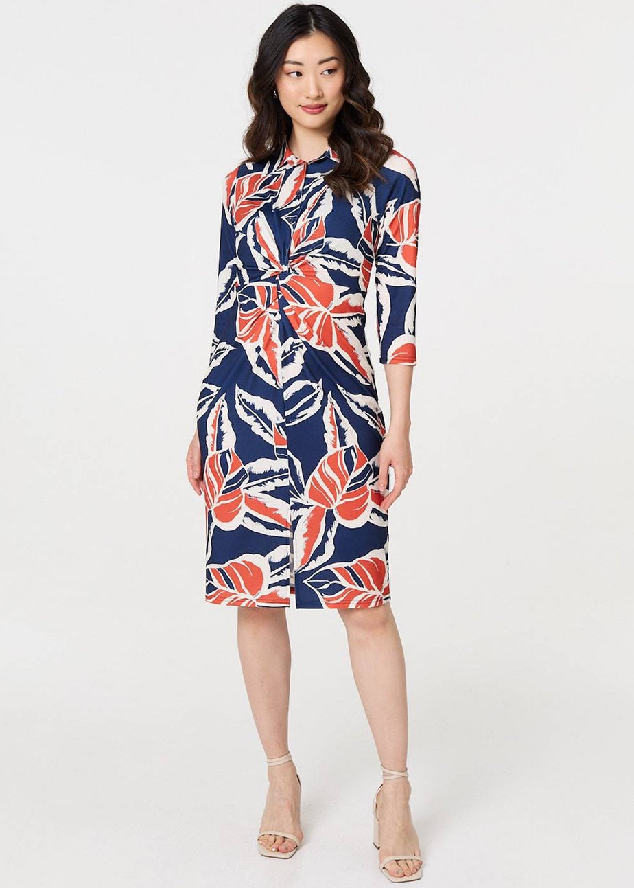Izabel London Navy Floral 3/4 Sleeve Midi Shirt Dress