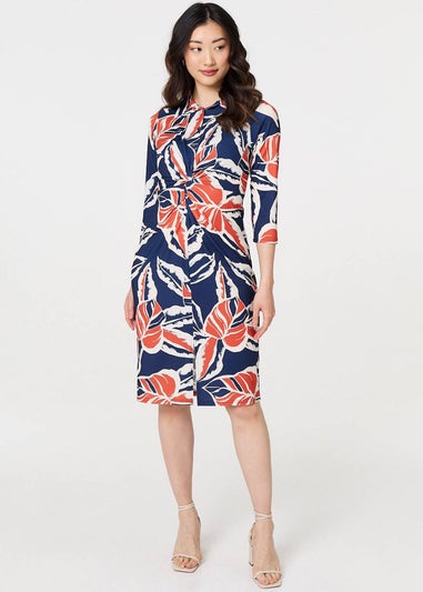 Izabel London Navy Floral 3/4 Sleeve Midi Shirt Dress