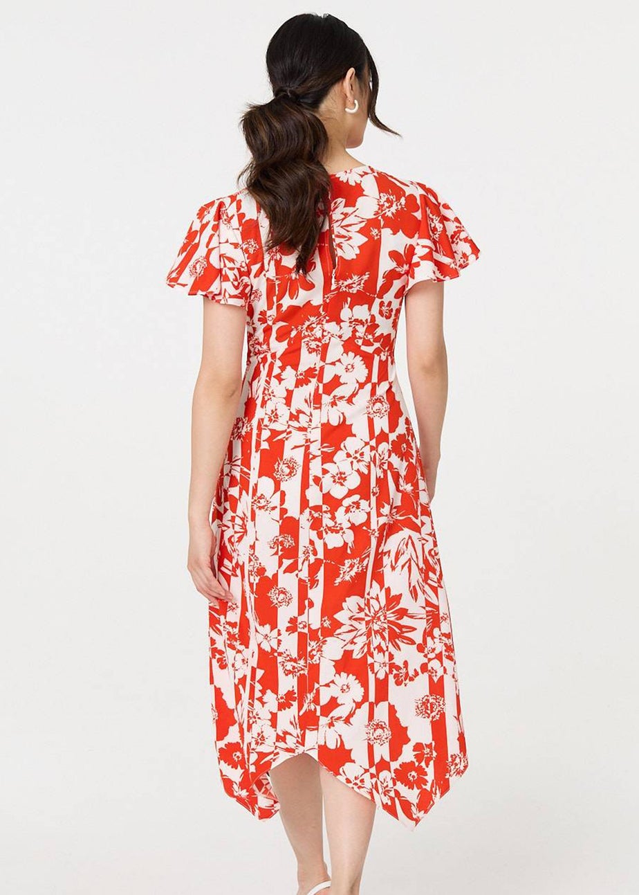 Izabel London Orange Floral Hanky Hem Short Sleeve Midi Dress