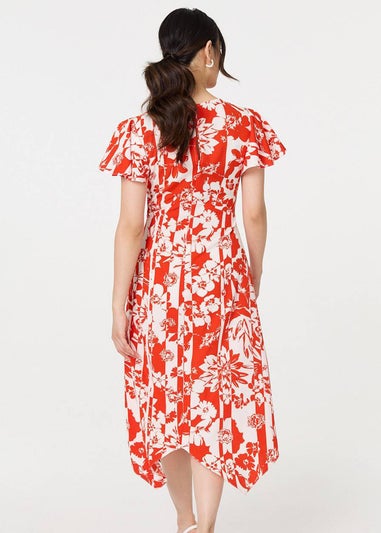Izabel London Orange Floral Hanky Hem Short Sleeve Midi Dress