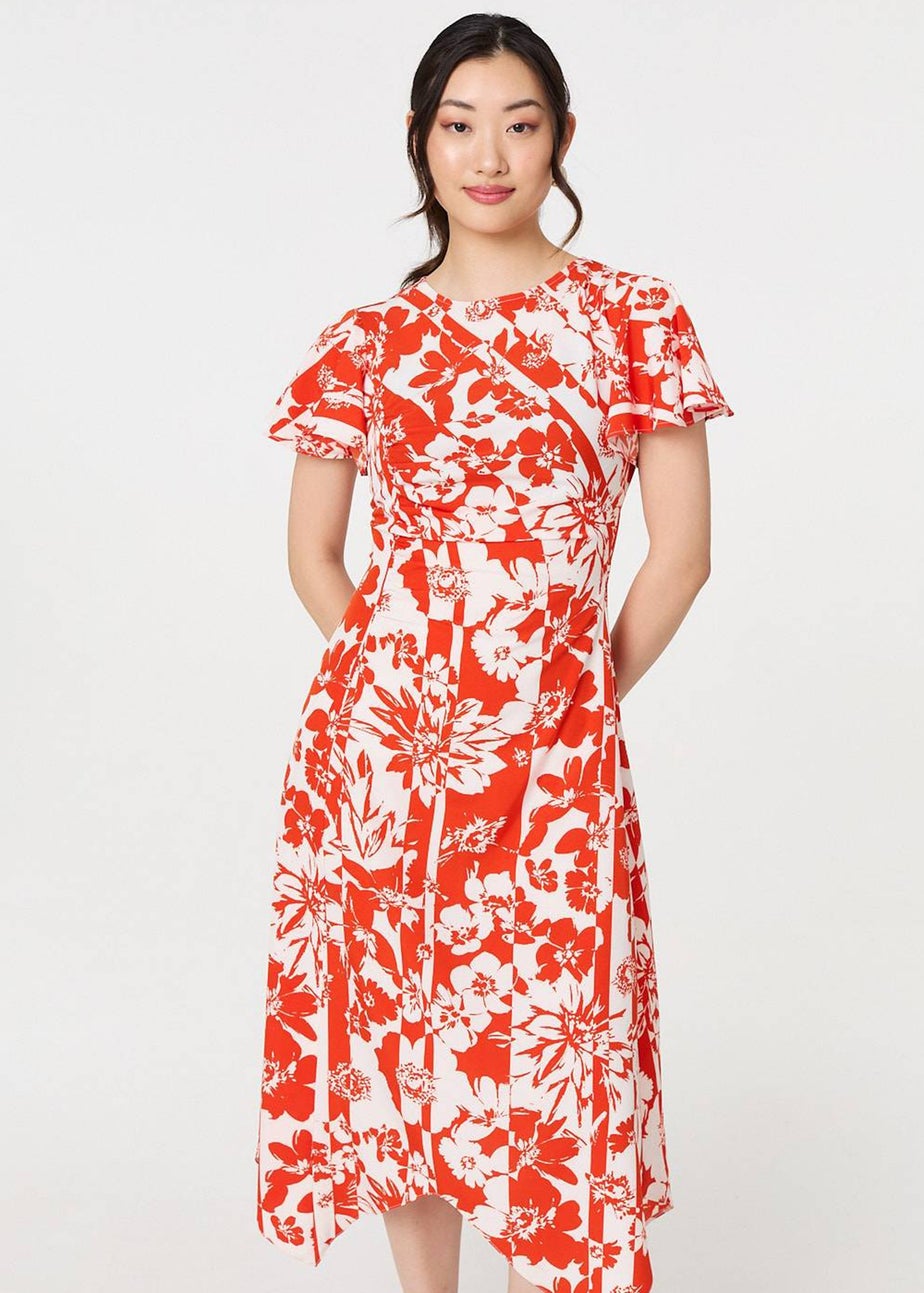 Izabel London Orange Floral Hanky Hem Short Sleeve Midi Dress