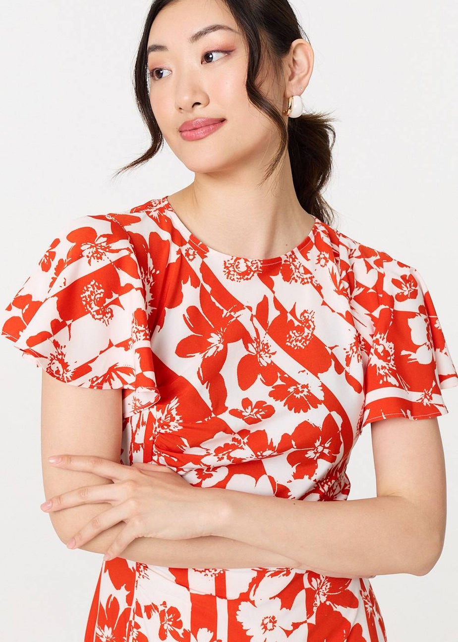 Izabel London Orange Floral Hanky Hem Short Sleeve Midi Dress