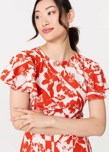 Izabel London Orange Floral Hanky Hem Short Sleeve Midi Dress