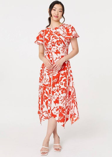 Izabel London Orange Floral Hanky Hem Short Sleeve Midi Dress