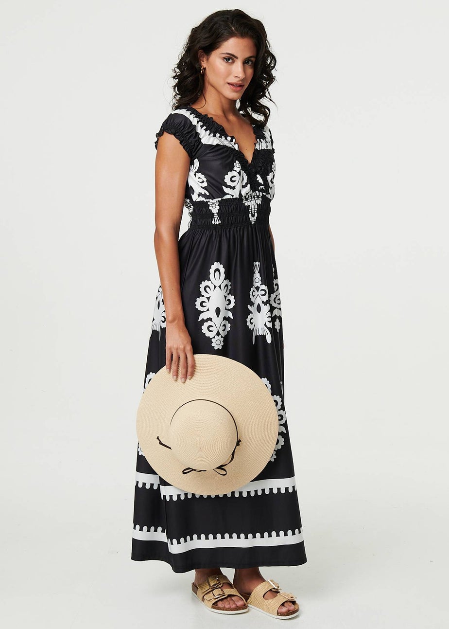 Izabel London Black Ikat Print Ruched Cap Sleeve Maxi Dress