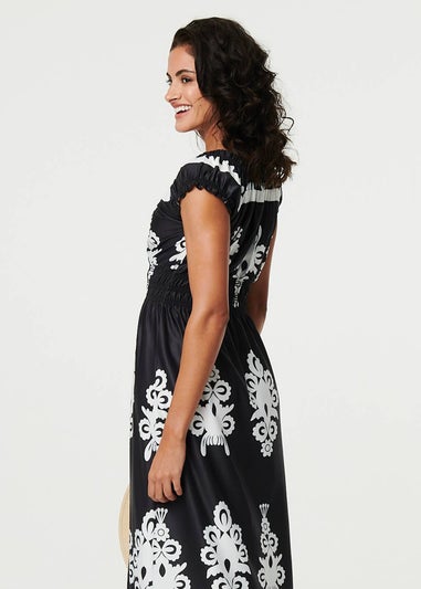Izabel London Black Ikat Print Ruched Cap Sleeve Maxi Dress
