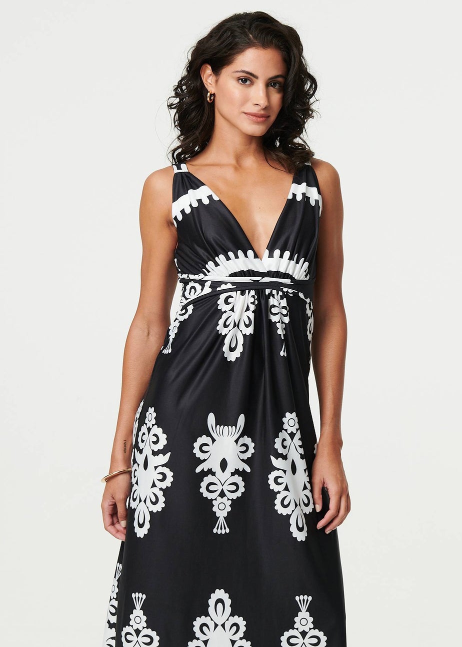 Izabel London Black Ikat Print Sleeveless Empire Maxi Dress