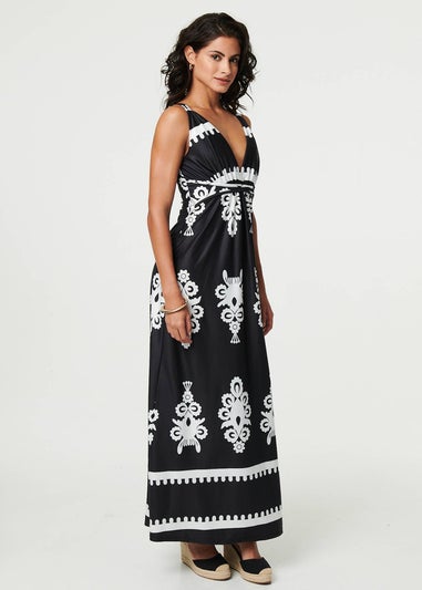 Izabel London Black Ikat Print Sleeveless Empire Maxi Dress