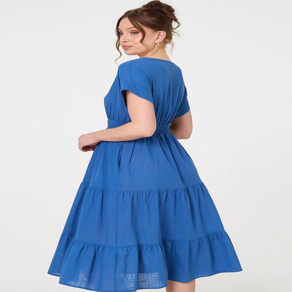 Izabel London Blue Relaxed Short Sleeve Tiered Midi Dress
