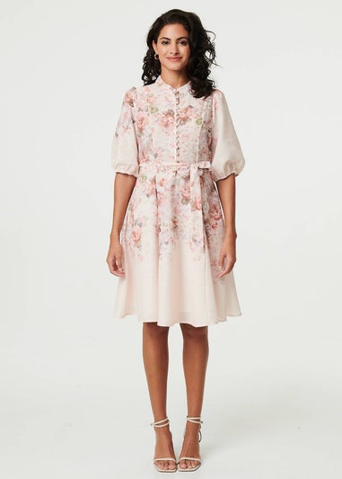 Izabel London Cream Floral 3/4 Puff Sleeve Knee Length Dress