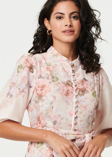 Izabel London Cream Floral 3/4 Puff Sleeve Knee Length Dress