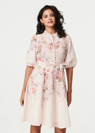 Izabel London Cream Floral 3/4 Puff Sleeve Knee Length Dress