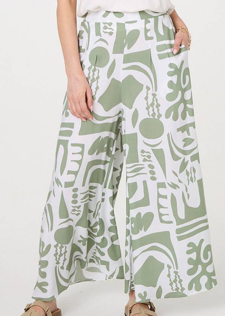 Izabel London Sage Abstract Wide Leg High Waist Trousers