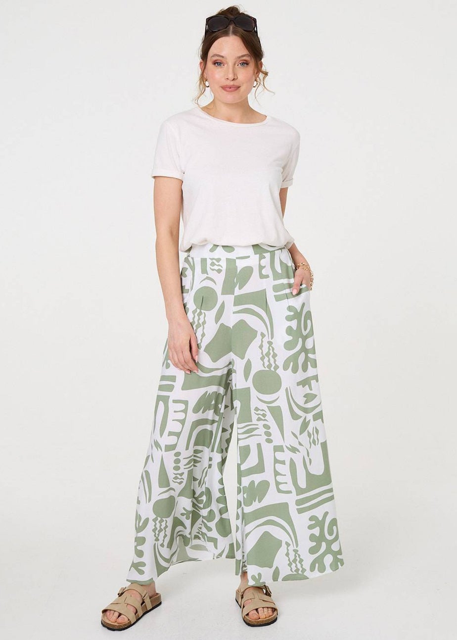 Izabel London Sage Abstract Wide Leg High Waist Trousers