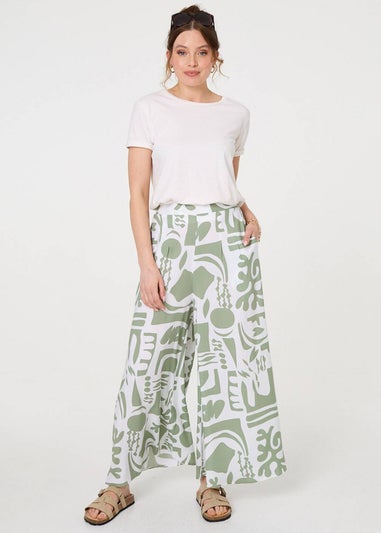 Izabel London Sage Abstract Wide Leg High Waist Trousers