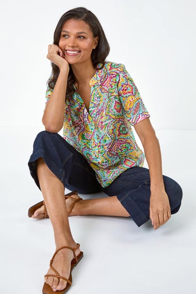 Roman Blue Abstract Print Button Detail Top