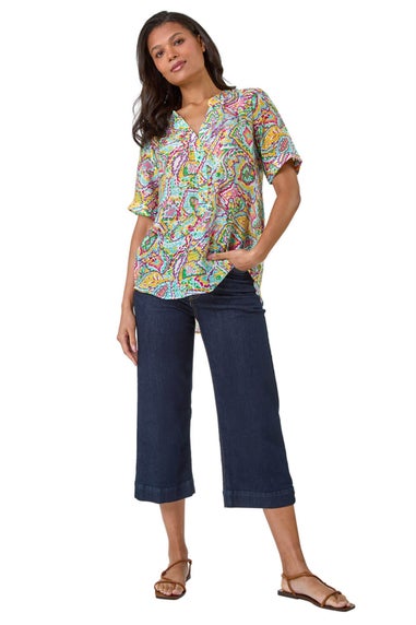 Roman Blue Abstract Print Button Detail Top