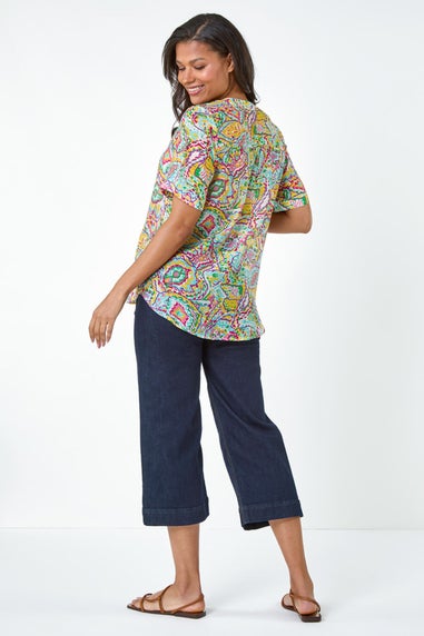 Roman Blue Abstract Print Button Detail Top