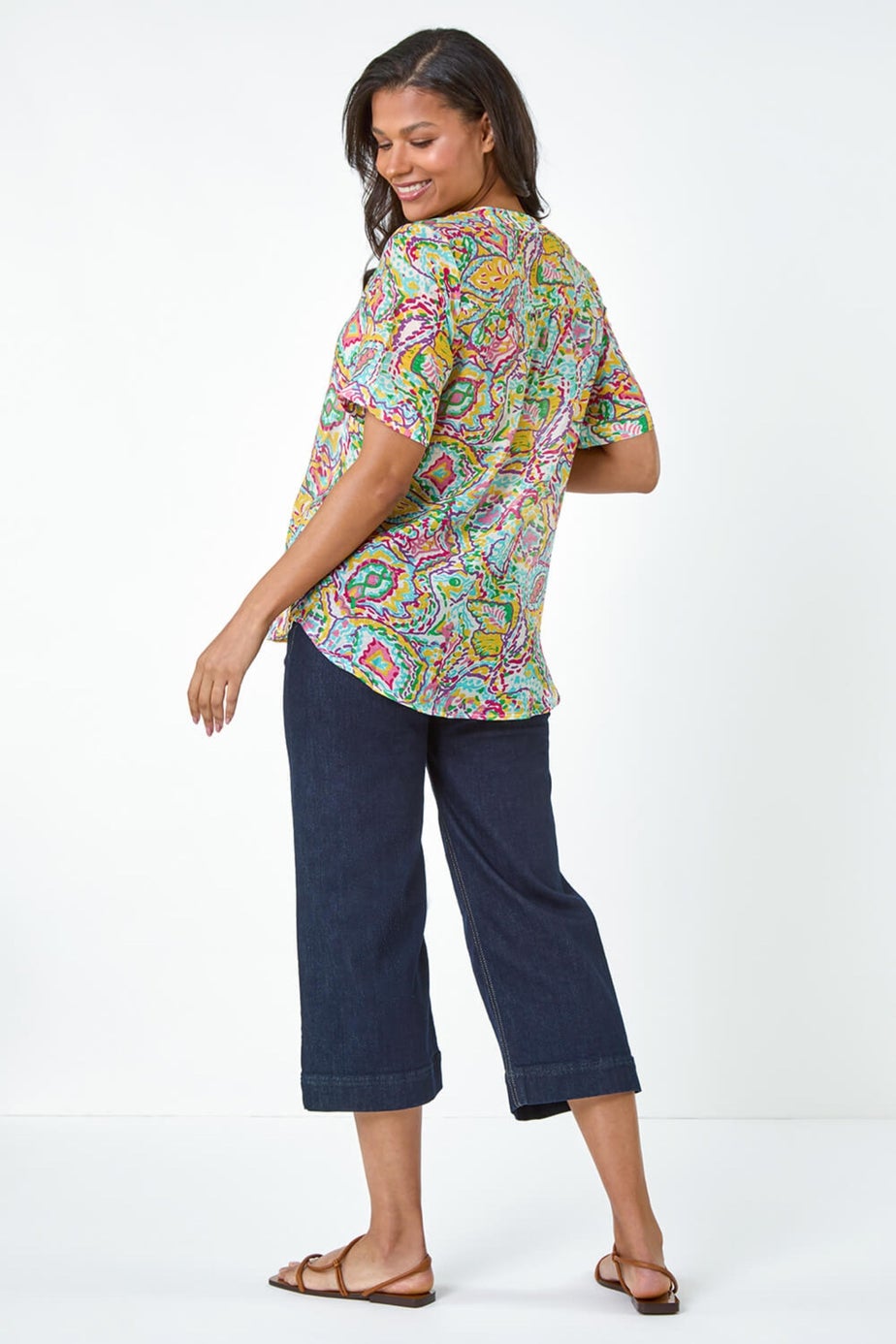 Roman Blue Abstract Print Button Detail Top