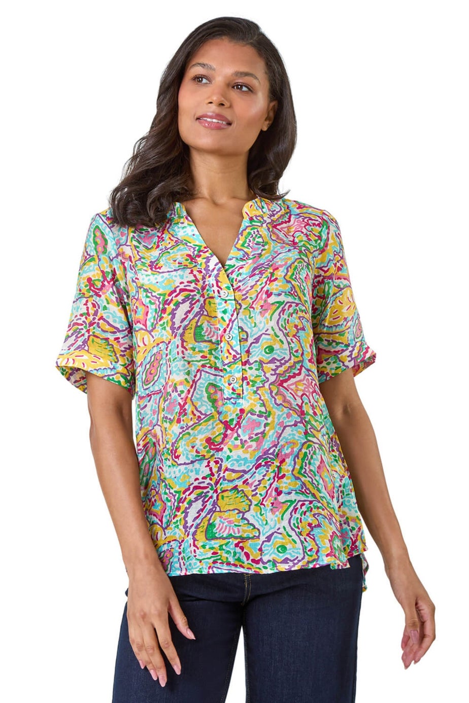 Roman Blue Abstract Print Button Detail Top