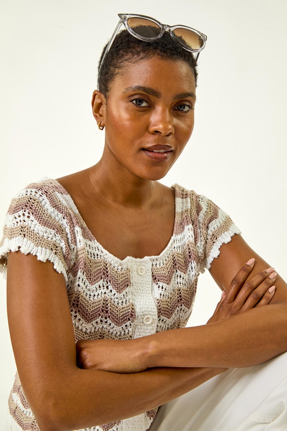 Roman Ivory Wave Crochet Buttoned Top