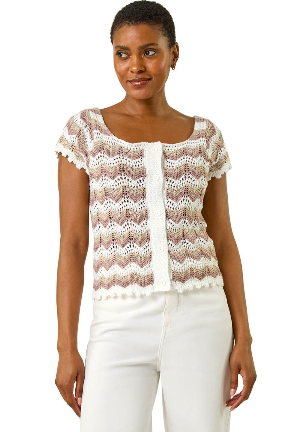 Roman Ivory Wave Crochet Buttoned Top