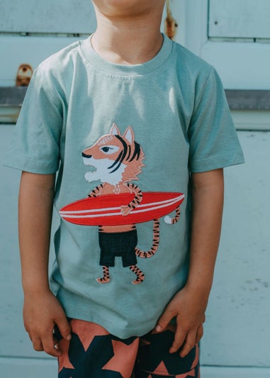 Lilly & Sid Organic Cotton Blue Surfing Tiger Print T-Shirt (24 Months- 8 Years)