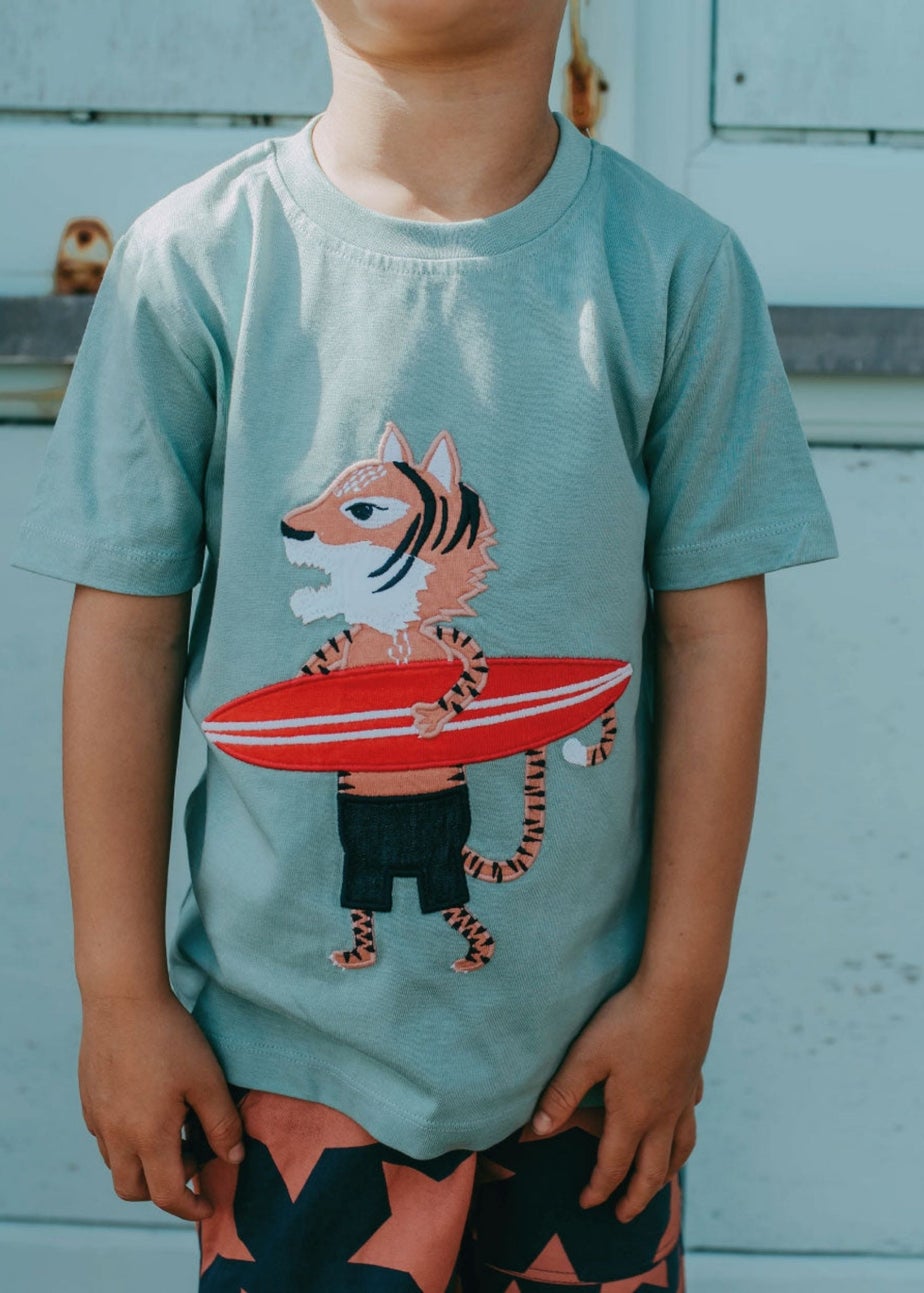 Lilly & Sid Organic Cotton Blue Surfing Tiger Print T-Shirt (24 Months- 8 Years)