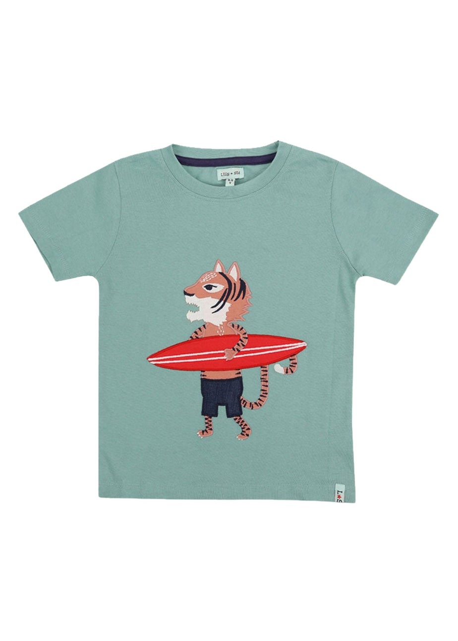 Lilly & Sid Organic Cotton Blue Surfing Tiger Print T-Shirt (24 Months- 8 Years)