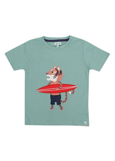 Lilly & Sid Organic Cotton Blue Surfing Tiger Print T-Shirt (24 Months- 8 Years)