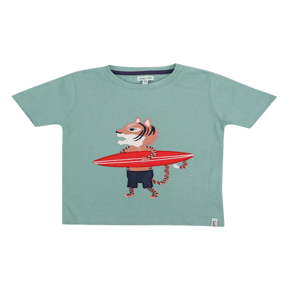 Lilly & Sid Organic Cotton Blue Surfing Tiger Print T-Shirt (24 Months- 8 Years)