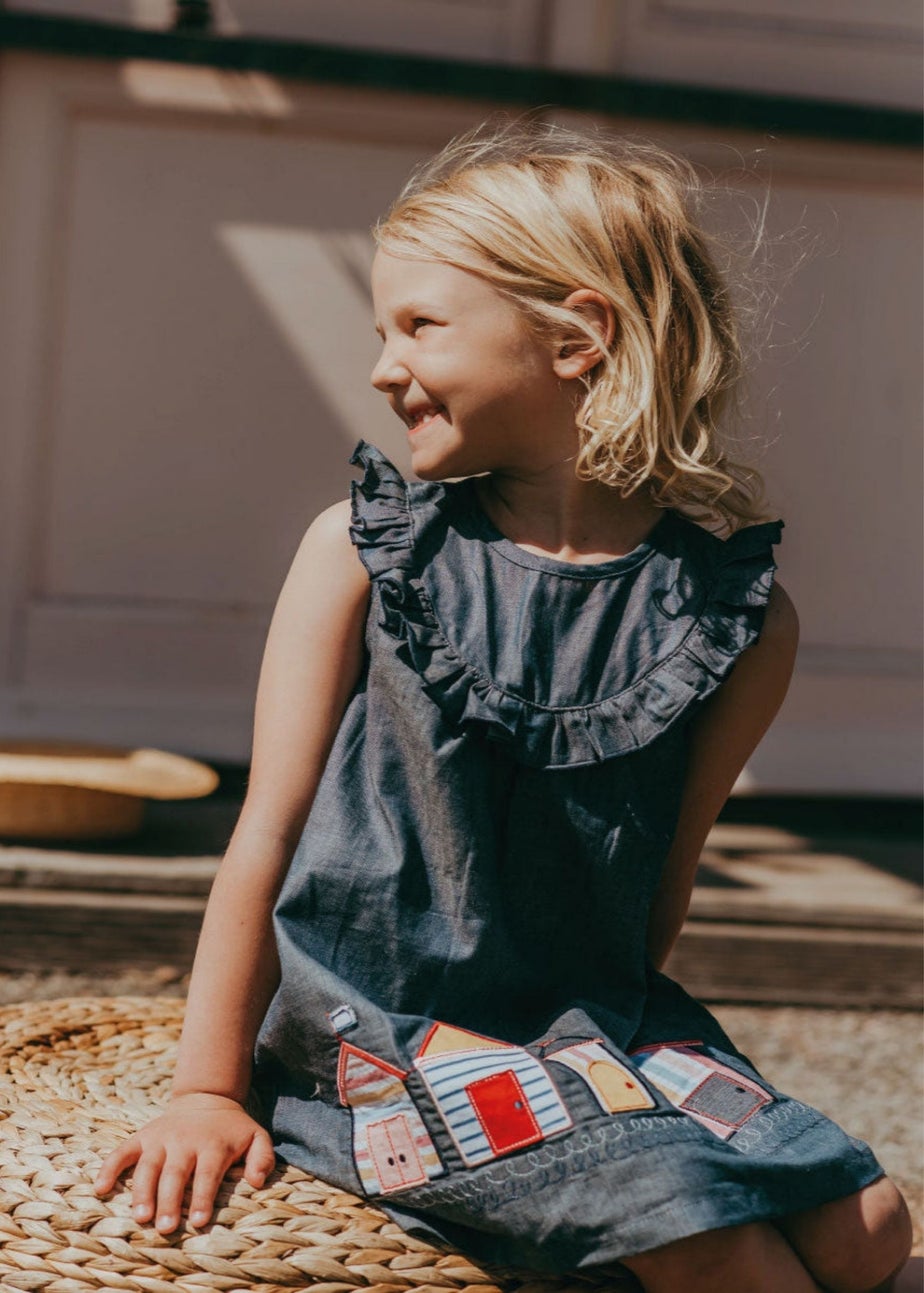 Lilly & Sid Organic Cotton Grey Beach Hut Applique Dress (24 Months- 8 Years)