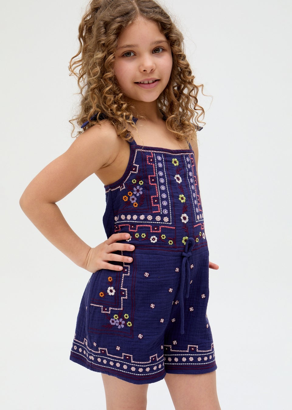 Raffya Kids Navy Sailor Necktie All Over Embroidered Playsuit (3-9 Years)