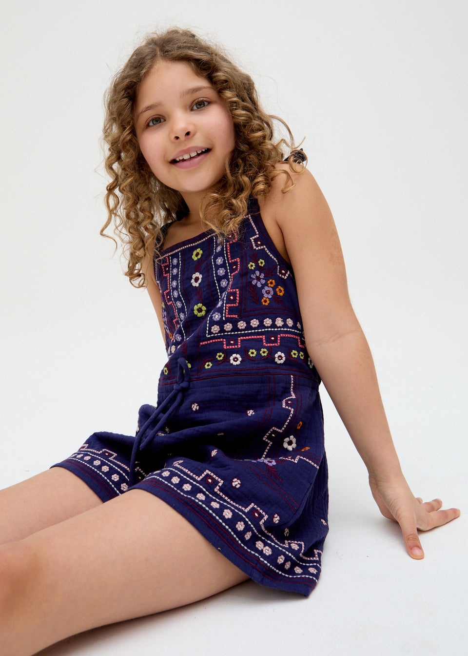 Raffya Kids Navy Sailor Necktie All Over Embroidered Playsuit (3-9 Years)