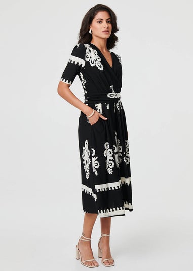 Izabel London Black Ikat Print 1/2 Sleeve Wrap Midi Dress
