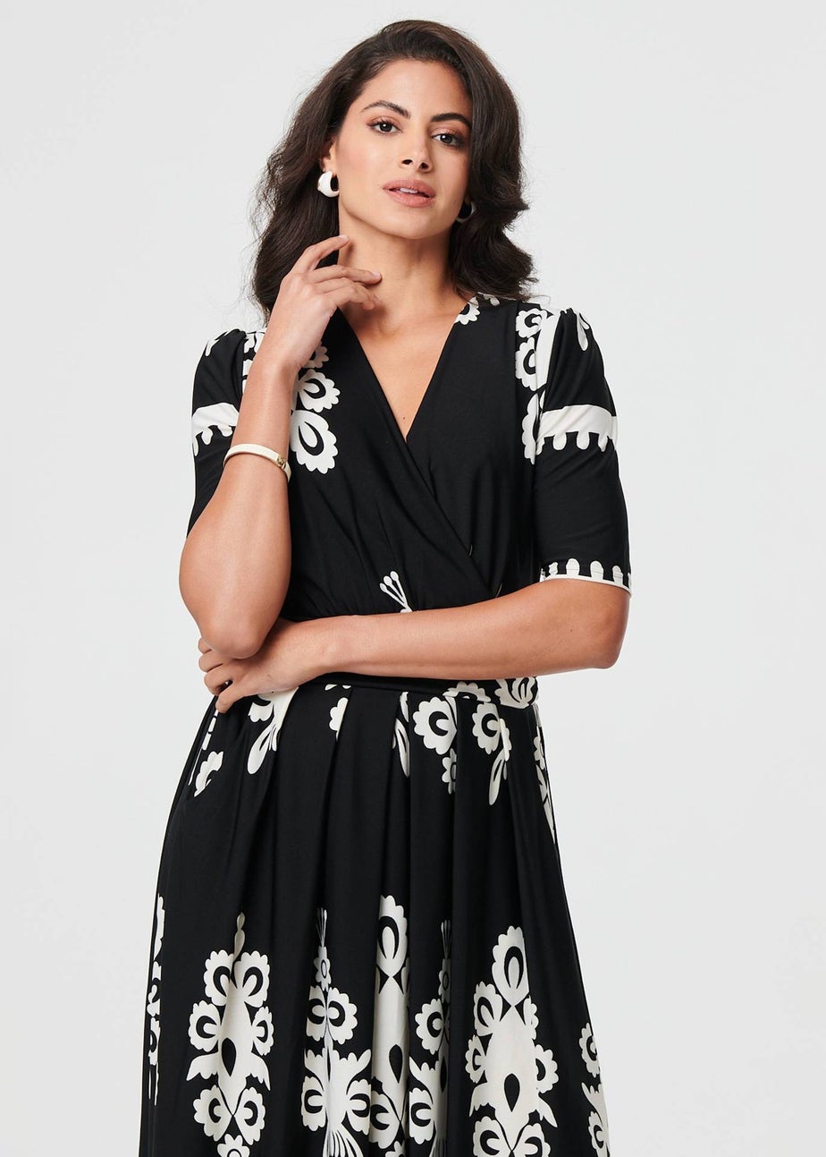 Izabel London Black Ikat Print 1/2 Sleeve Wrap Midi Dress
