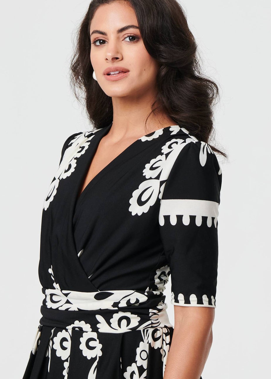 Izabel London Black Ikat Print 1/2 Sleeve Wrap Midi Dress