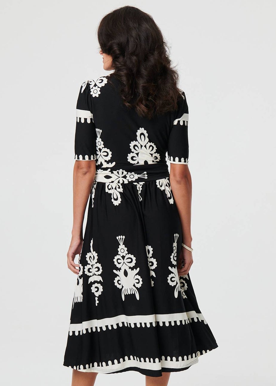 Izabel London Black Ikat Print 1/2 Sleeve Wrap Midi Dress